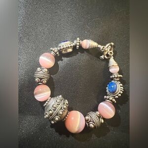 Sterling Silver Beaded Charm Bracelet  Toggle Clasp Bracelet